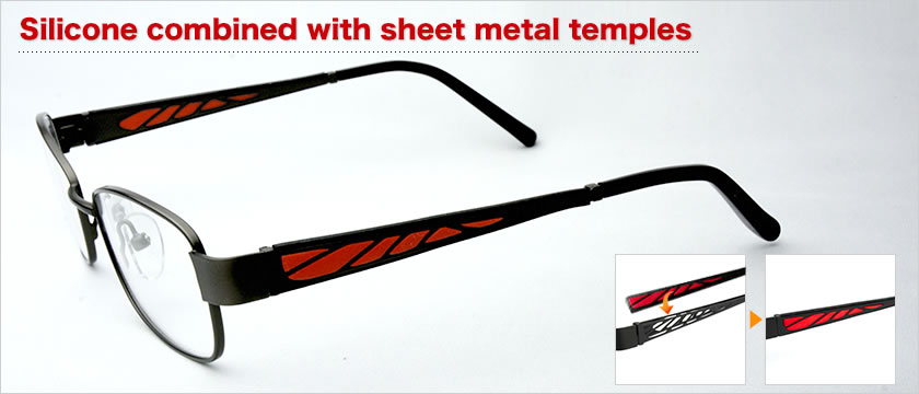Silicone combined with sheet metal temples