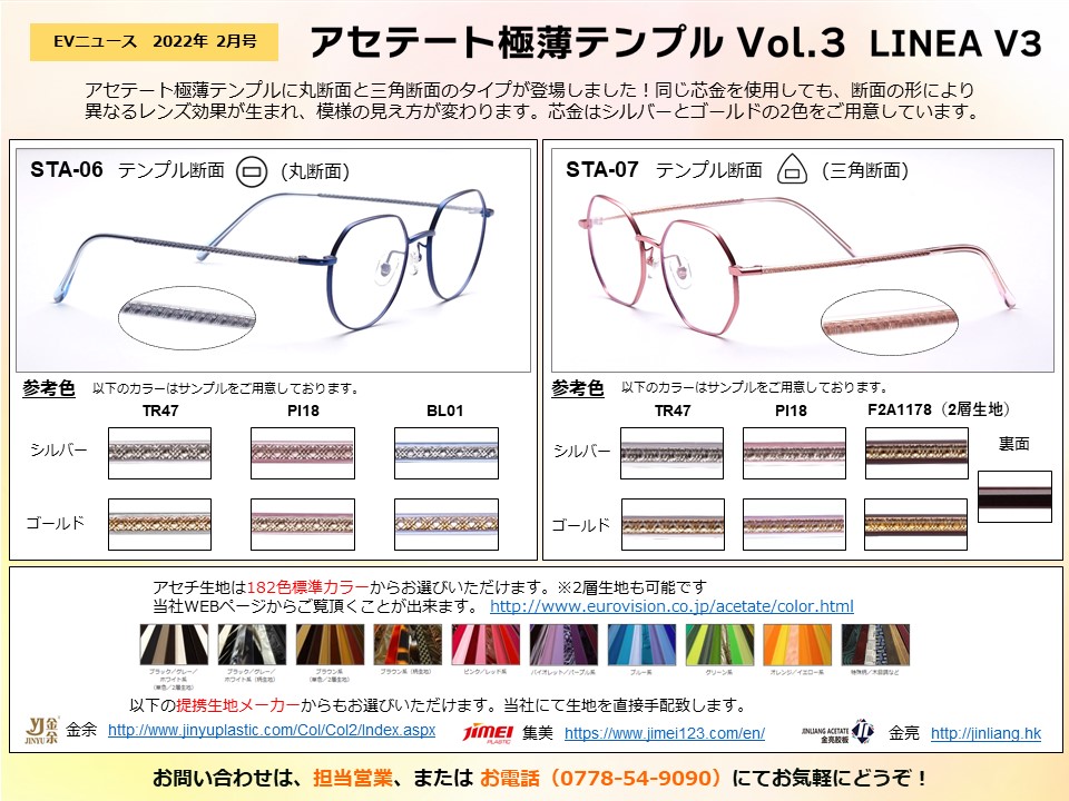 月刊サムネイル画像：2022年2月号：丸断面と三角断面が登場！「アセテート極薄テンプル Vol.3」